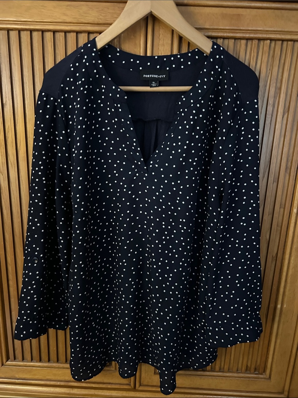 Navy Blue Polka Dot V-Neck Blouse